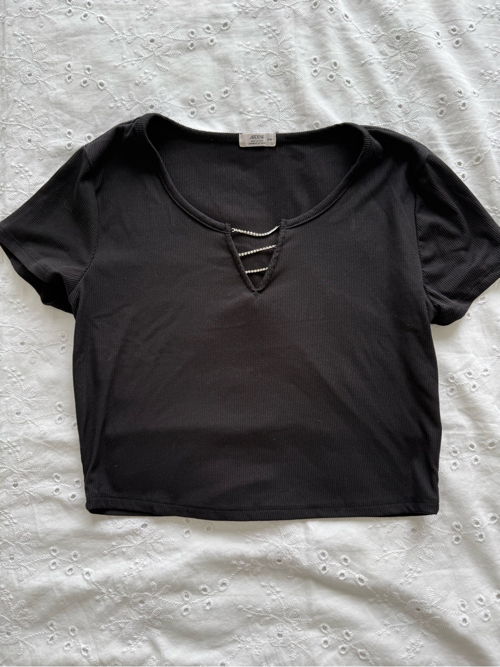 Women’s Black Short Sleeve Ribbed Crop Top with Decorative Straps